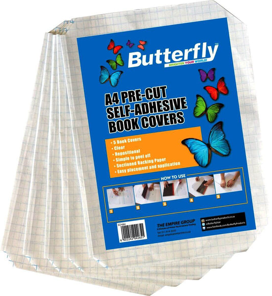 Butterfly A4 Plastic Clear Self-Adhesive Pre-Cut Book Covers (70mic) 5 Pack